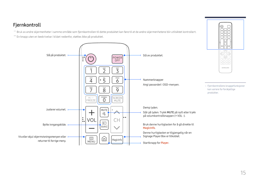 Samsung SBB-SS08FL1/EN manual Fjernkontroll, Slå på produktet Justerervolumet Bytte inngangskilde 