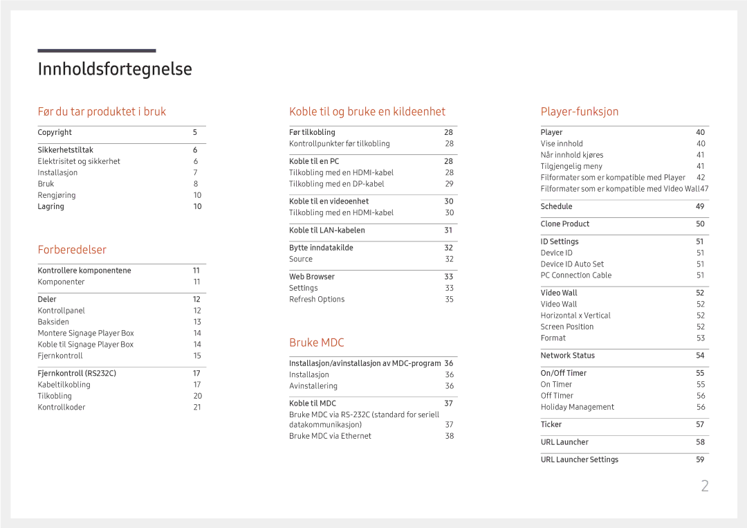 Samsung SBB-SS08FL1/EN manual Innholdsfortegnelse 