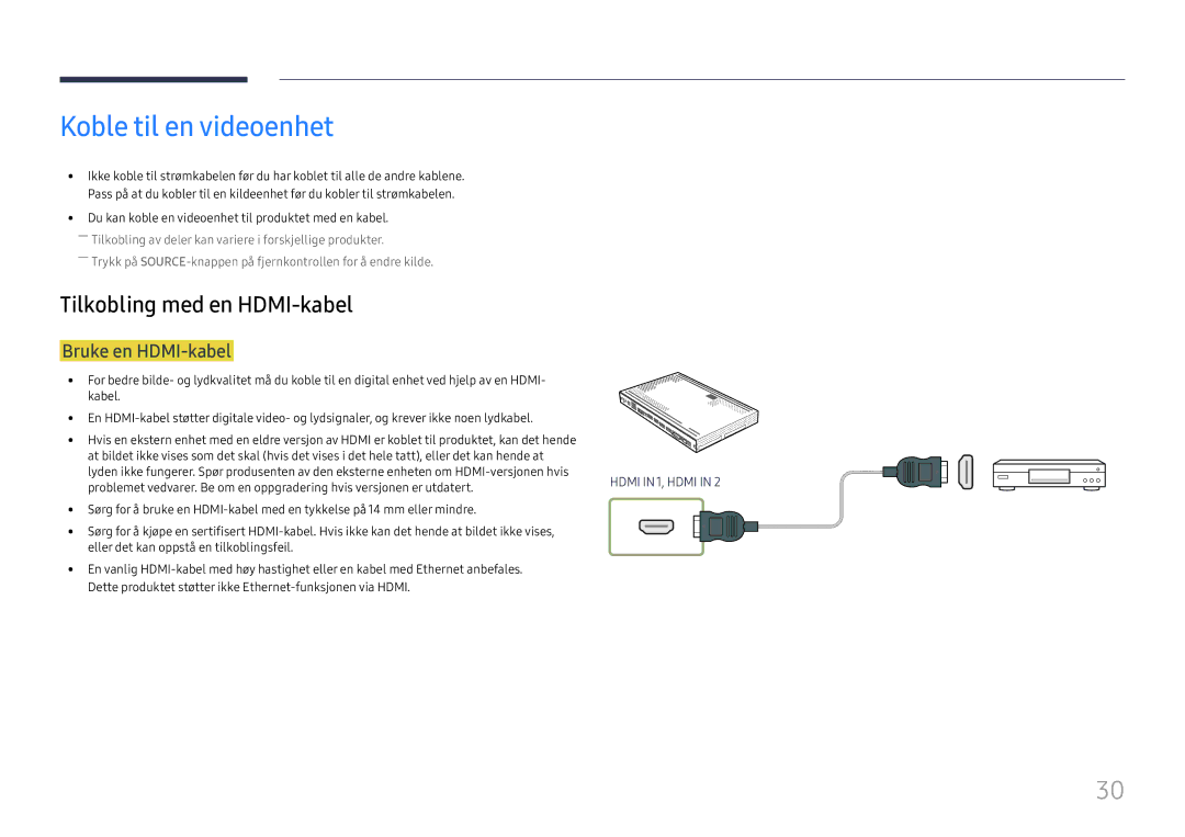 Samsung SBB-SS08FL1/EN manual Koble til en videoenhet, Bruke en HDMI-kabel 