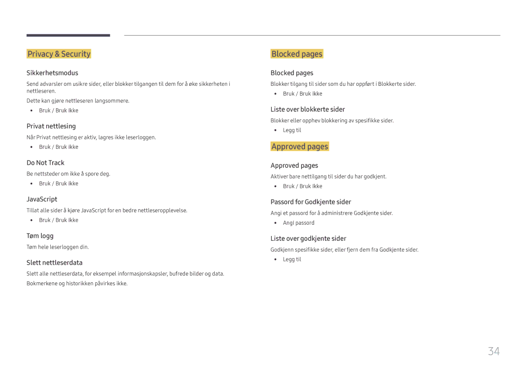 Samsung SBB-SS08FL1/EN manual Privacy & Security, Blocked pages, Approved pages, Tøm hele leserloggen din 