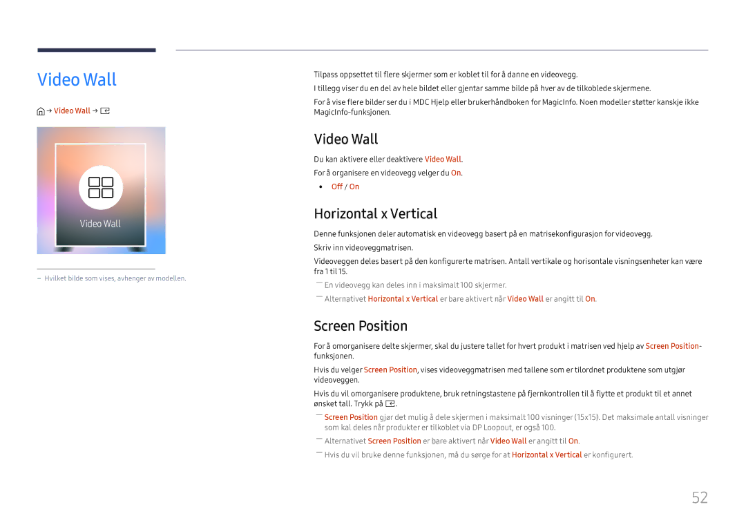 Samsung SBB-SS08FL1/EN manual Video Wall, Horizontal x Vertical, Screen Position 