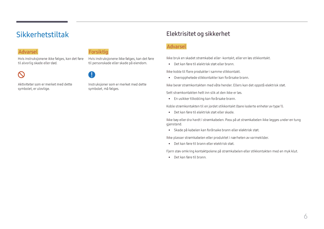 Samsung SBB-SS08FL1/EN manual Sikkerhetstiltak, Elektrisitet og sikkerhet 