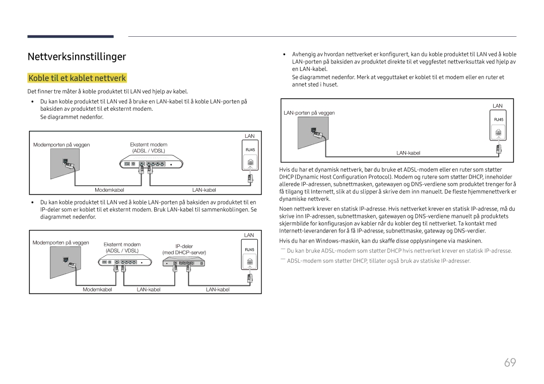 Samsung SBB-SS08FL1/EN manual Nettverksinnstillinger, Koble til et kablet nettverk 