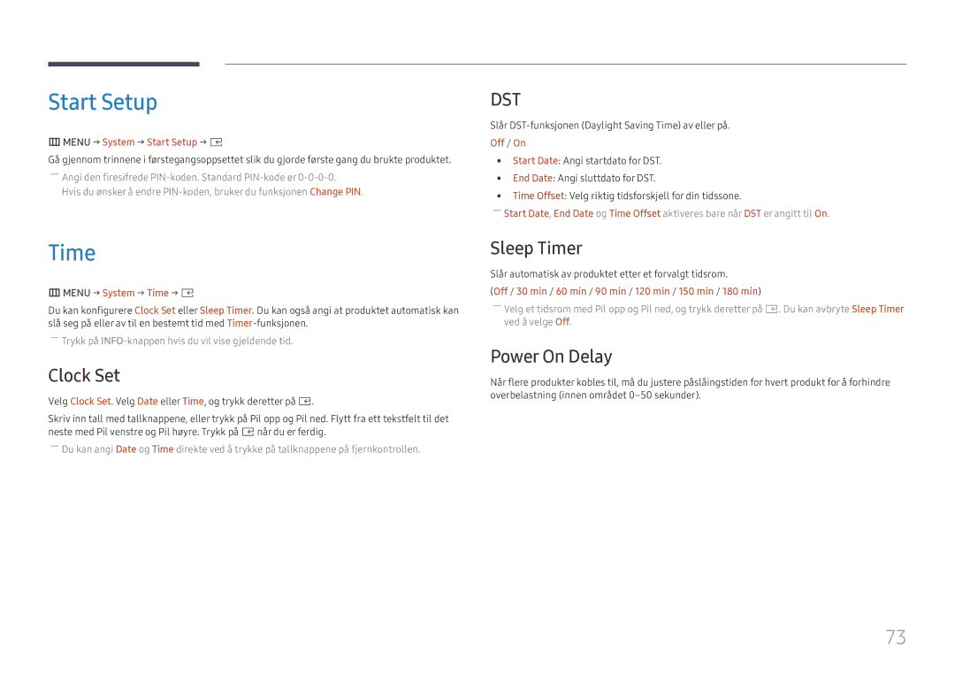 Samsung SBB-SS08FL1/EN manual Start Setup, Clock Set, Sleep Timer, Power On Delay 