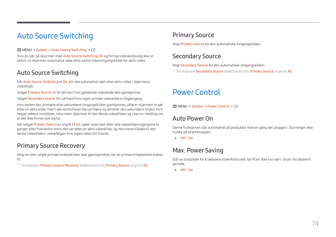 Samsung SBB-SS08FL1/EN manual Auto Source Switching, Power Control 