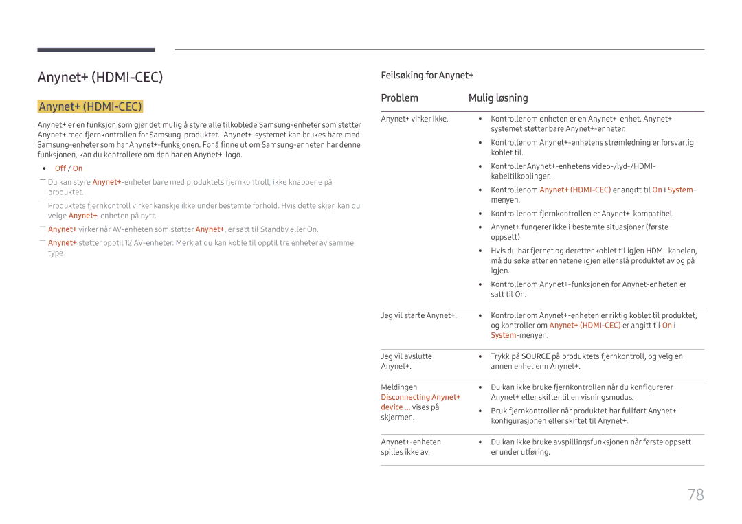 Samsung SBB-SS08FL1/EN manual Anynet+ HDMI-CEC, Problem Mulig løsning, Disconnecting Anynet+, Device ... vises på 