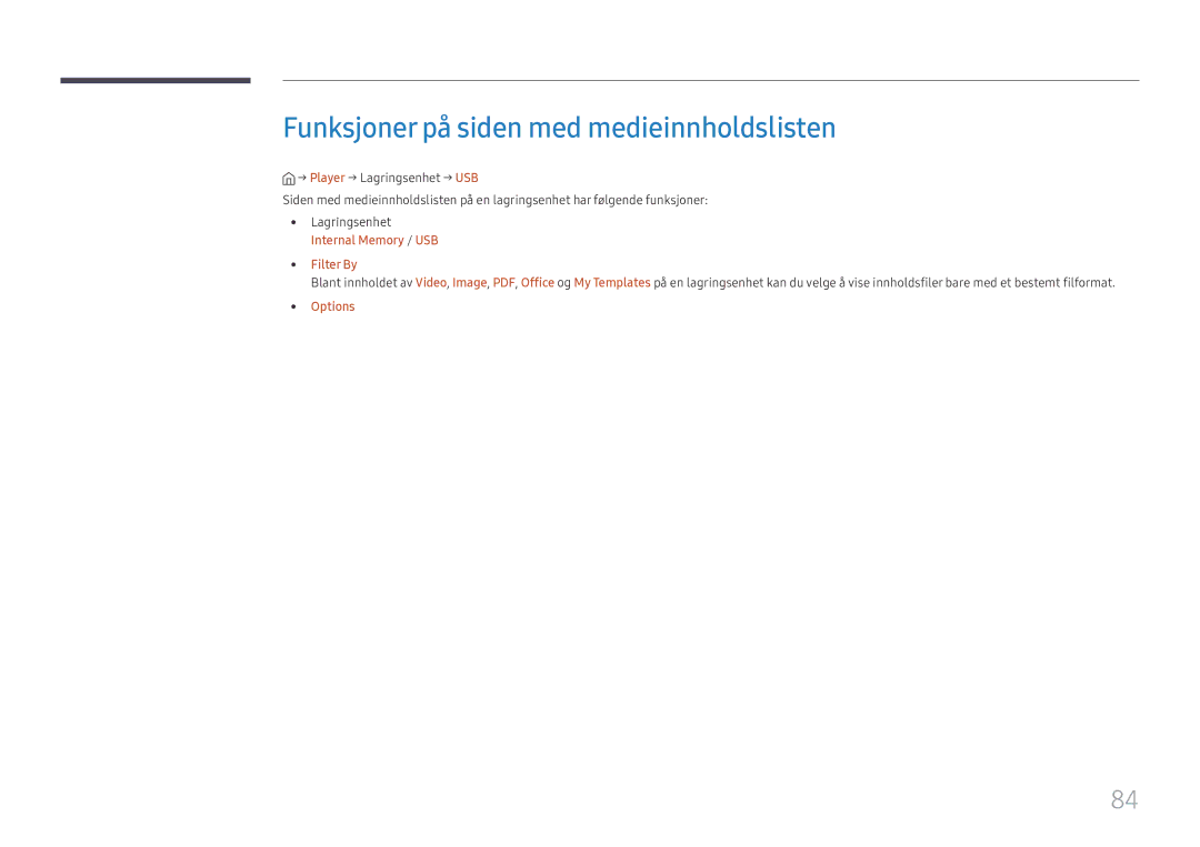 Samsung SBB-SS08FL1/EN manual Funksjoner på siden med medieinnholdslisten, Internal Memory / USB Filter By Options 