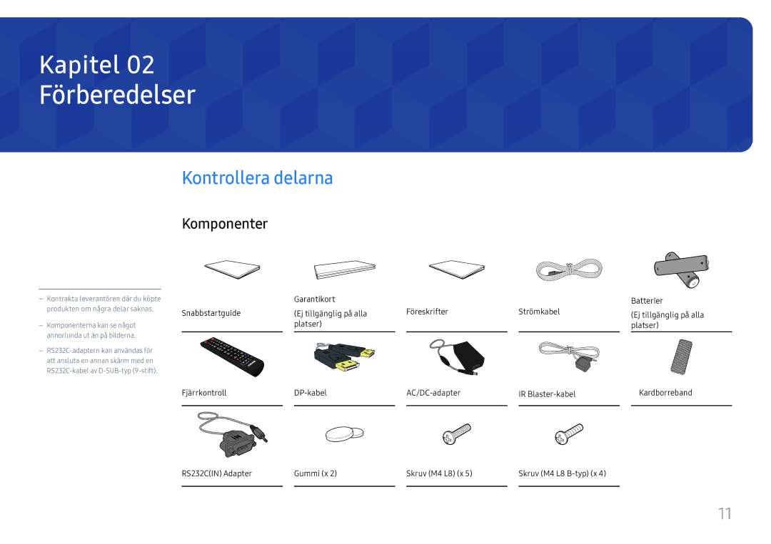 Samsung SBB-SS08FL1/EN manual Förberedelser, Kontrollera delarna, Komponenter 