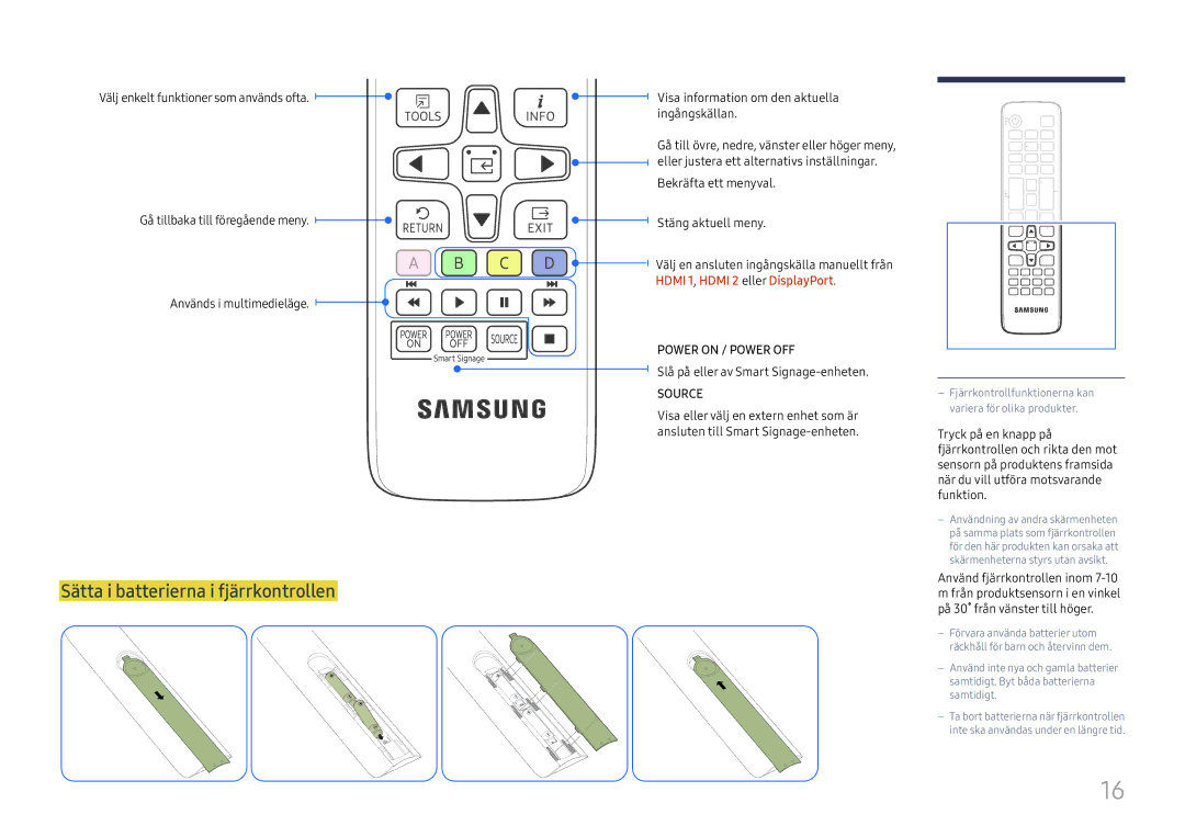 Samsung SBB-SS08FL1/EN manual Sätta i batterierna i fjärrkontrollen, Visa information om den aktuella ingångskällan 