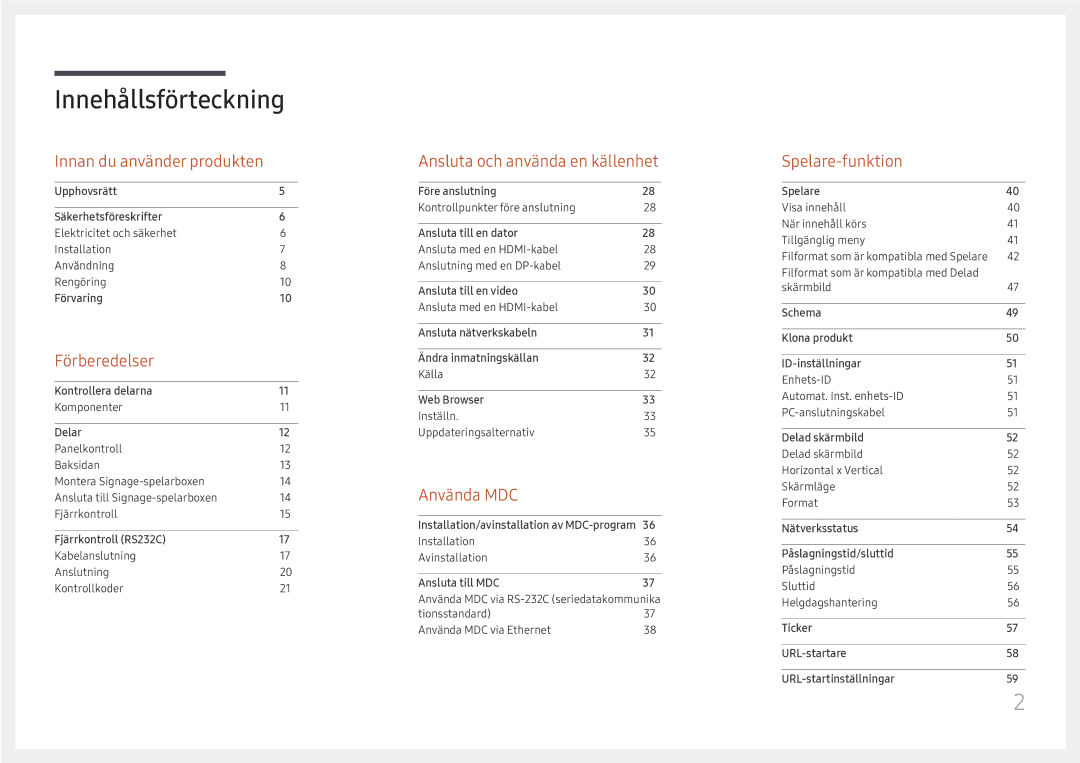 Samsung SBB-SS08FL1/EN manual Innehållsförteckning 