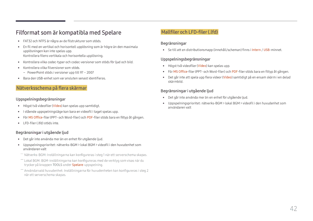 Samsung SBB-SS08FL1/EN manual Filformat som är kompatibla med Spelare, Nätverksschema på flera skärmar 