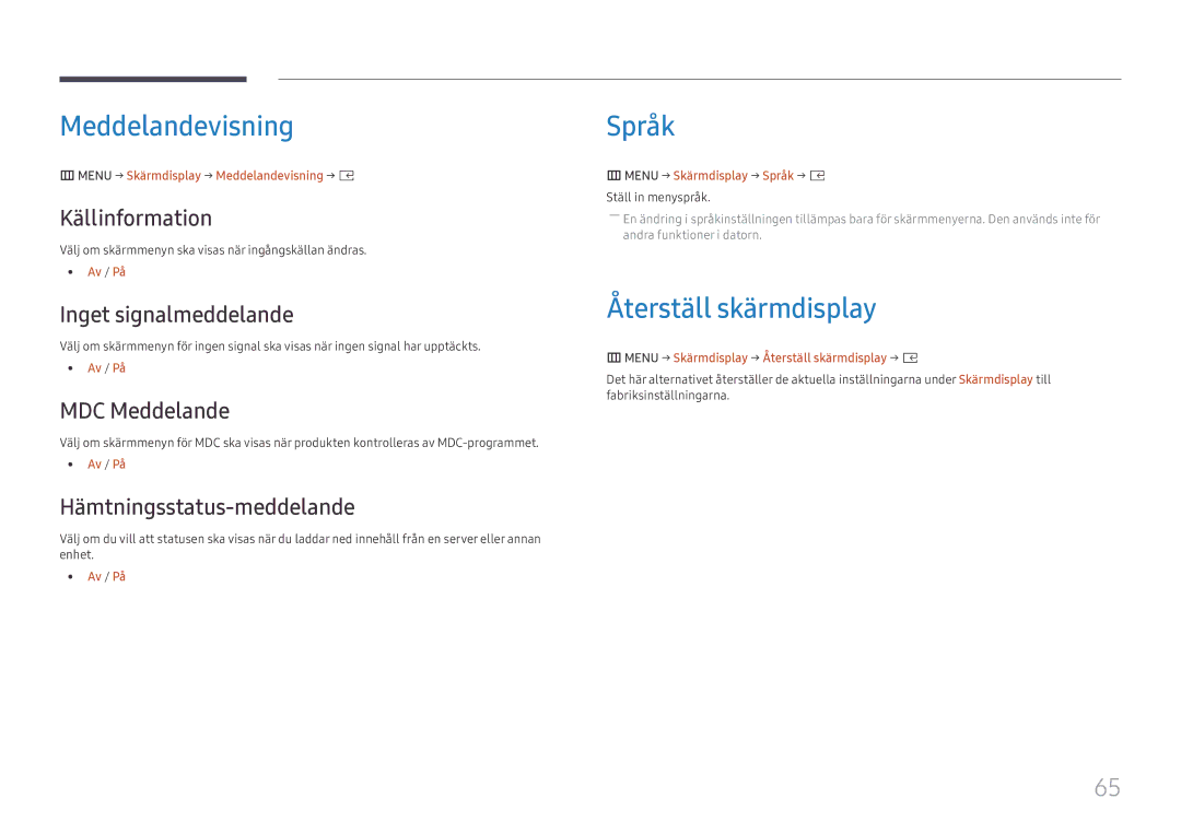 Samsung SBB-SS08FL1/EN manual Meddelandevisning, Språk, Återställ skärmdisplay 