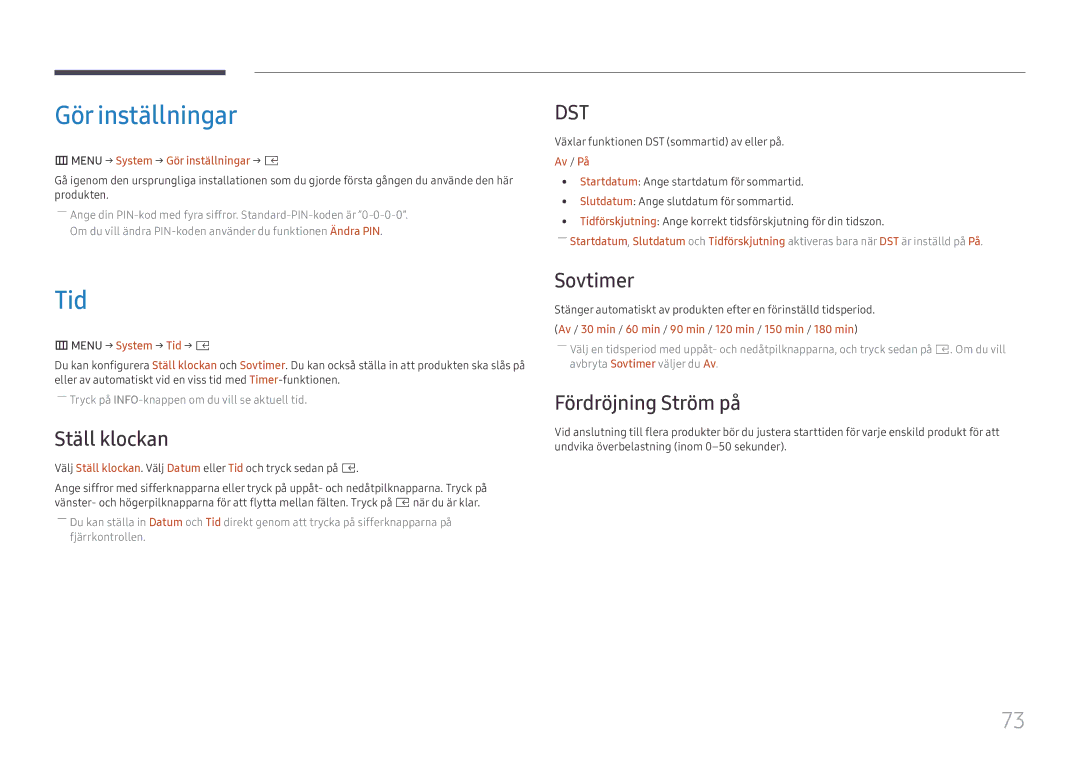 Samsung SBB-SS08FL1/EN manual Gör inställningar, Tid, Ställ klockan, Sovtimer, Fördröjning Ström på 