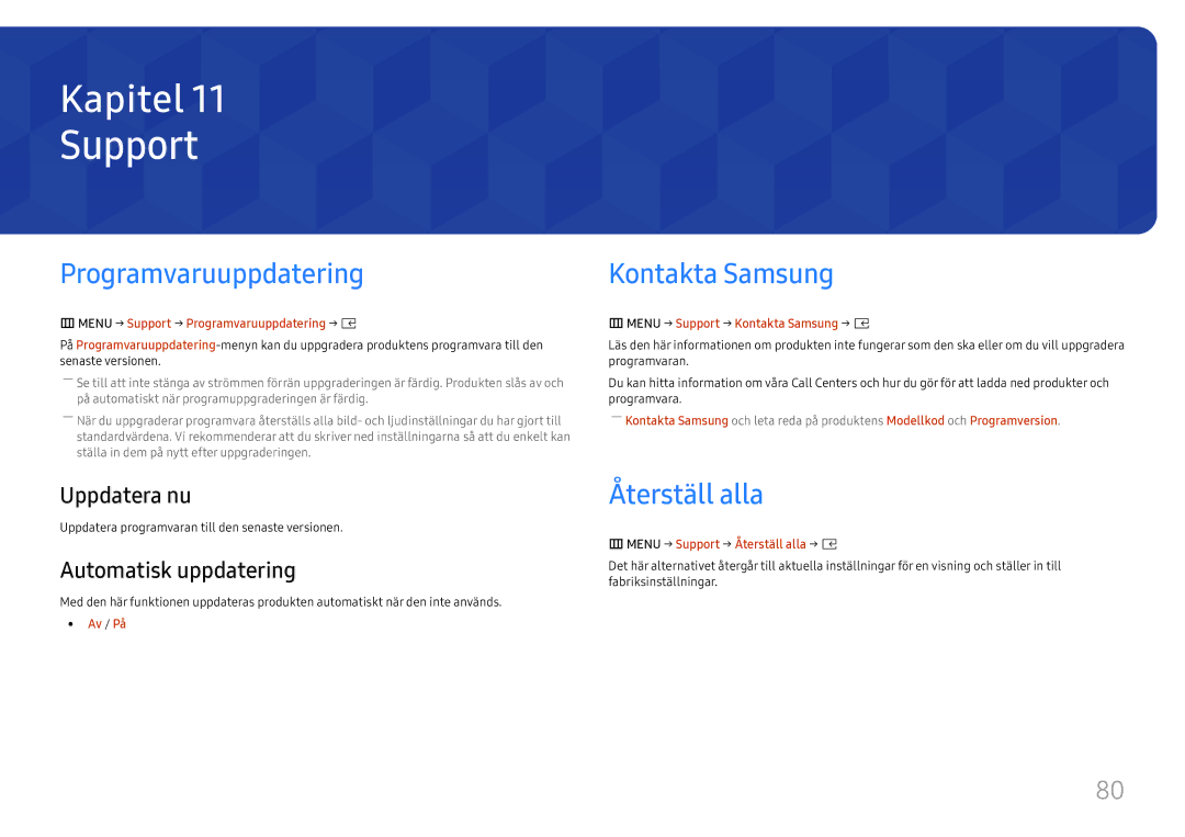 Samsung SBB-SS08FL1/EN manual Support, Programvaruuppdatering, Kontakta Samsung, Återställ alla 