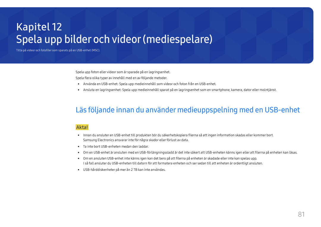 Samsung SBB-SS08FL1/EN manual Spela upp bilder och videor mediespelare, Akta 