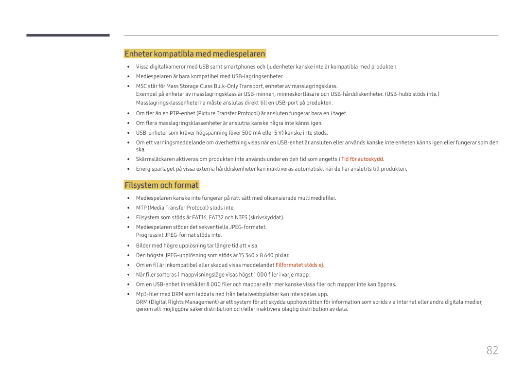 Samsung SBB-SS08FL1/EN manual Enheter kompatibla med mediespelaren, Filsystem och format 