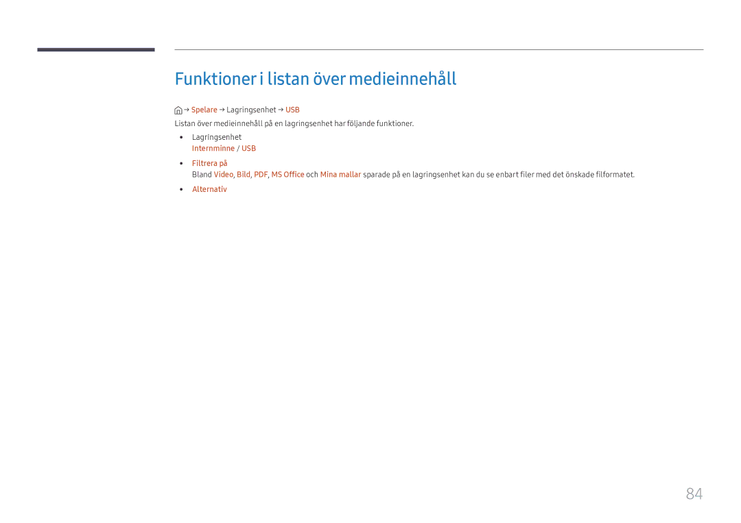 Samsung SBB-SS08FL1/EN manual Funktioner i listan över medieinnehåll, Internminne / USB Filtrera på Alternativ 