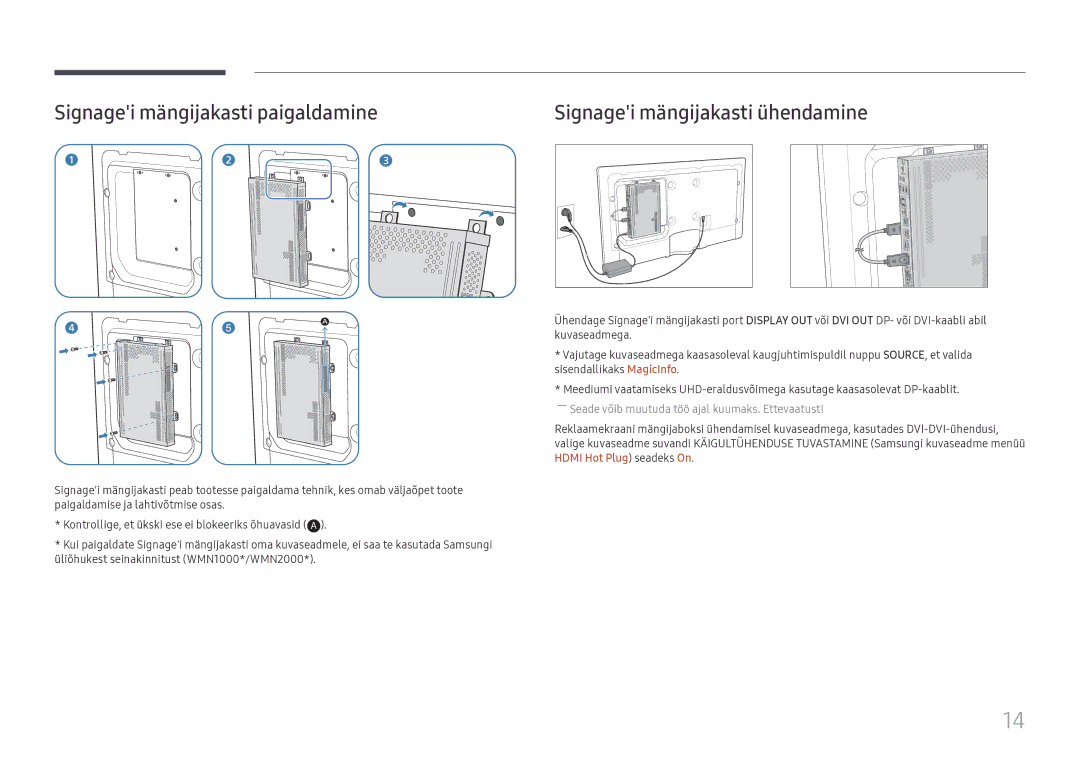 Samsung SBB-SS08FL1/EN manual Signagei mängijakasti paigaldamine, Signagei mängijakasti ühendamine 