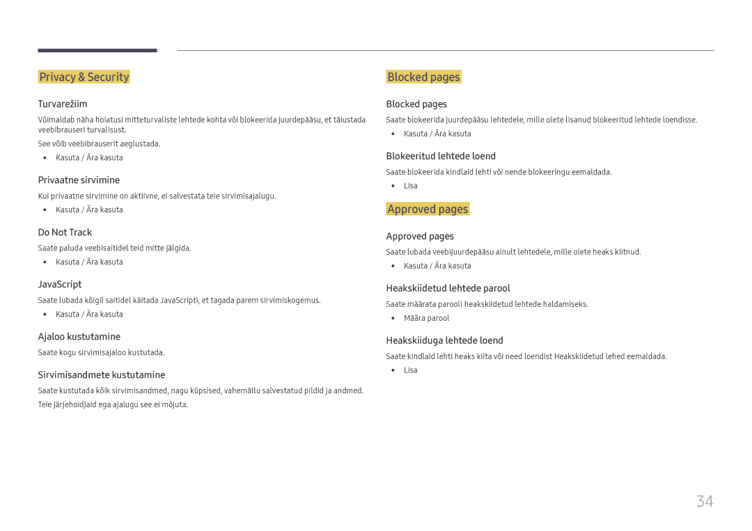 Samsung SBB-SS08FL1/EN manual Privacy & Security, Blocked pages, Approved pages, Saate kogu sirvimisajaloo kustutada 