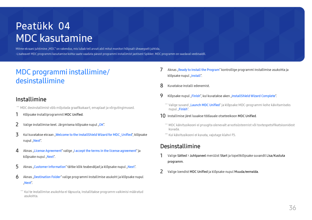 Samsung SBB-SS08FL1/EN manual MDC kasutamine, Desinstallimine, Programm 