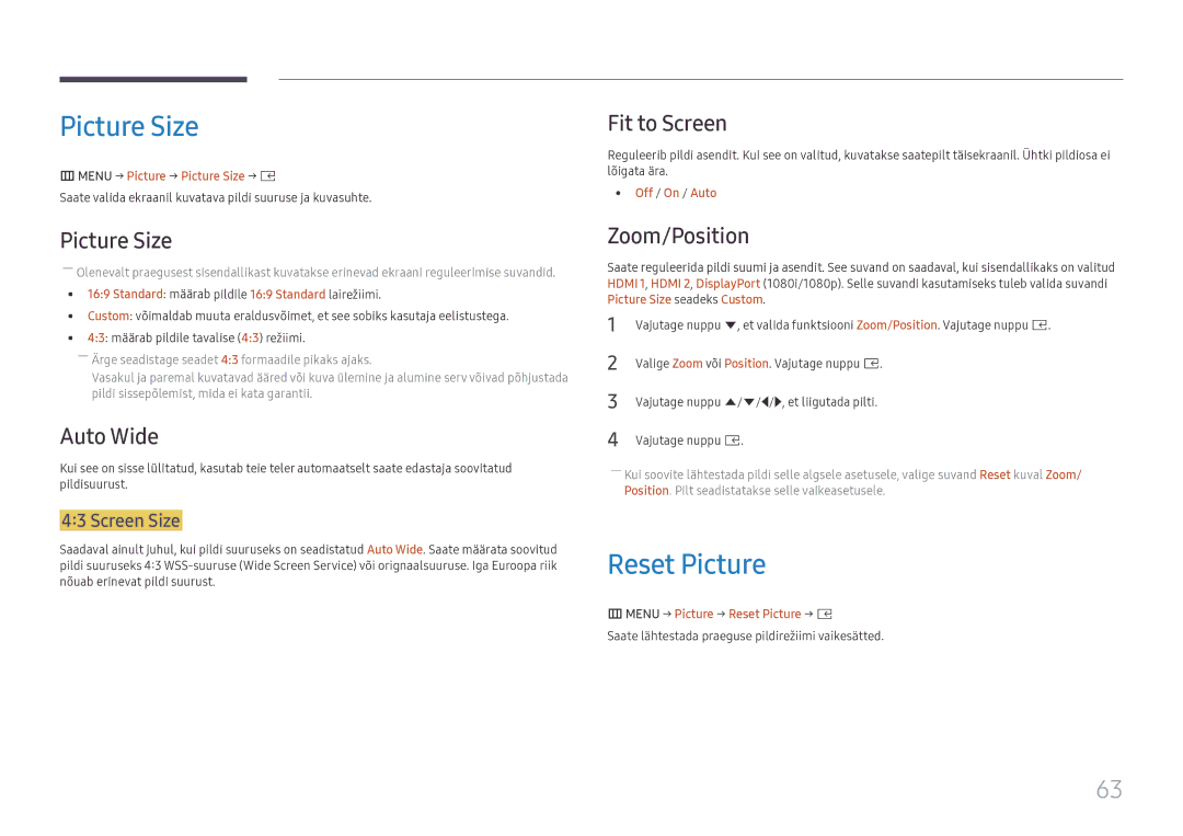 Samsung SBB-SS08FL1/EN manual Picture Size, Reset Picture 