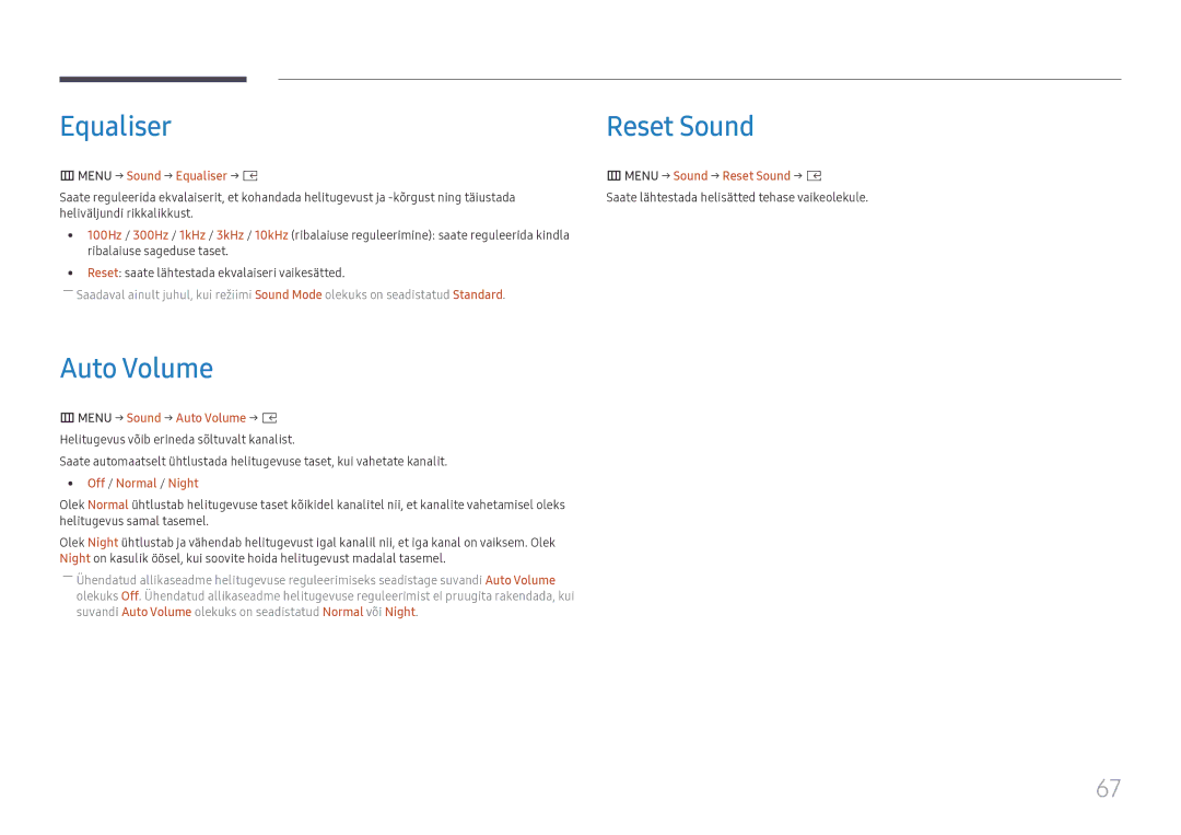 Samsung SBB-SS08FL1/EN Equaliser Reset Sound, Auto Volume, Menu → Sound → Equaliser → E Menu → Sound → Reset Sound → E 