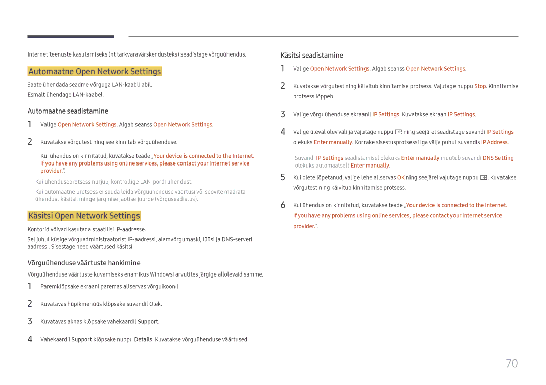 Samsung SBB-SS08FL1/EN manual Automaatne Open Network Settings, Käsitsi Open Network Settings, Provider 