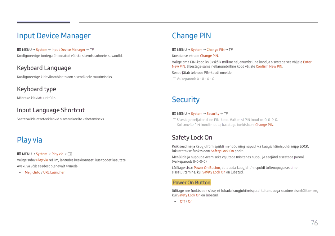 Samsung SBB-SS08FL1/EN manual Input Device Manager, Play via, Change PIN, Security 