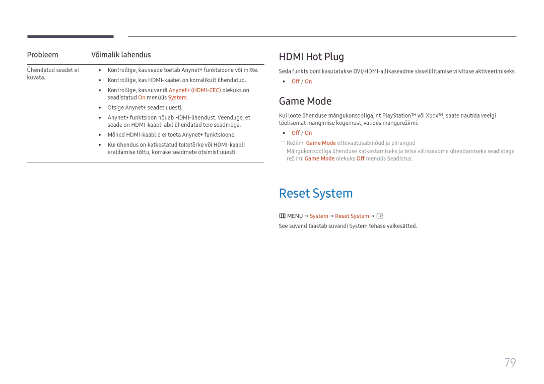 Samsung SBB-SS08FL1/EN manual Hdmi Hot Plug, Game Mode, Probleem, Menu → System → Reset System → E 