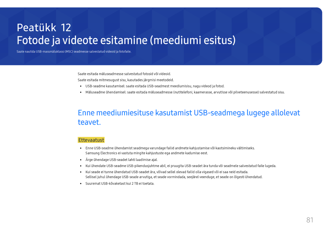 Samsung SBB-SS08FL1/EN manual Fotode ja videote esitamine meediumi esitus, Ettevaatust 