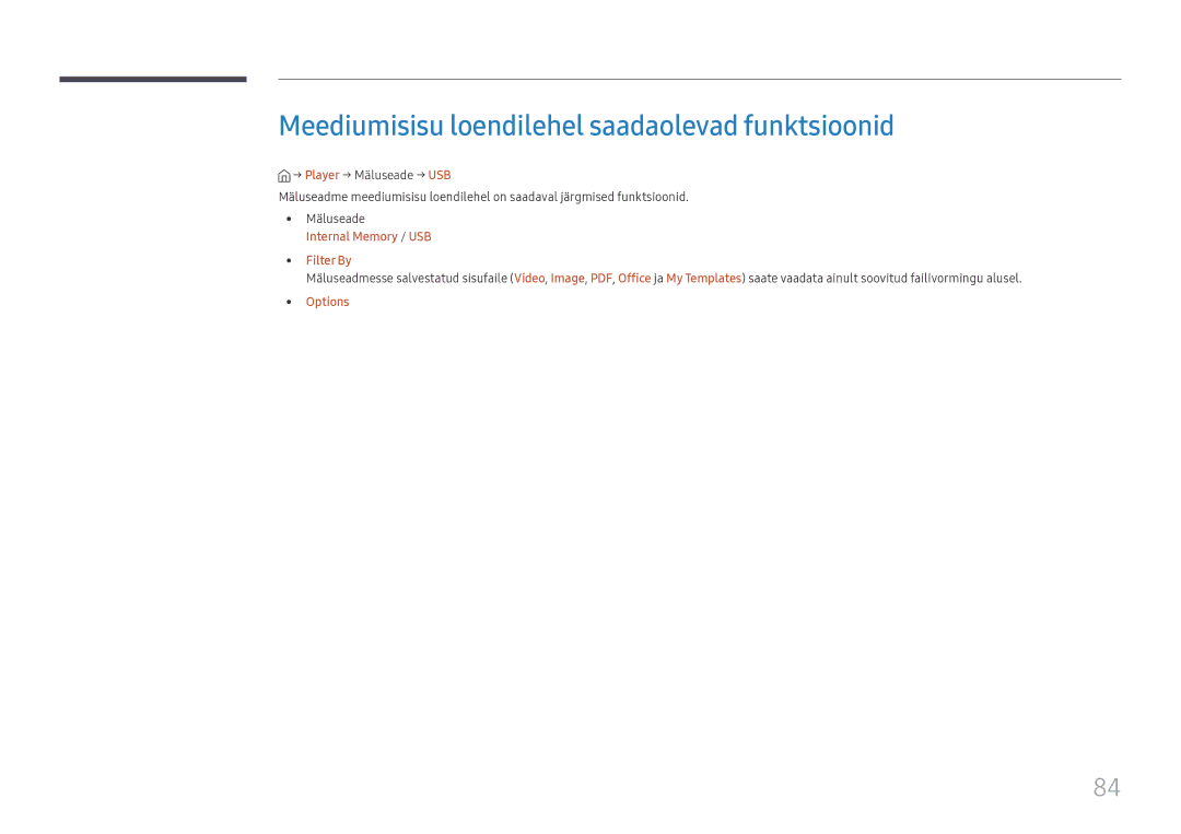 Samsung SBB-SS08FL1/EN manual Meediumisisu loendilehel saadaolevad funktsioonid, Internal Memory / USB Filter By Options 