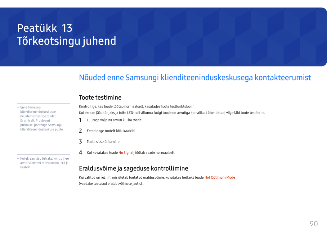 Samsung SBB-SS08FL1/EN manual Tõrkeotsingu juhend, Toote testimine, Eraldusvõime ja sageduse kontrollimine 