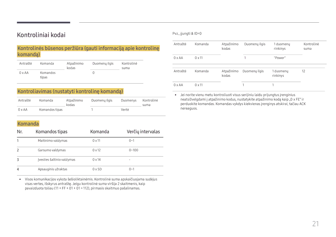 Samsung SBB-SS08FL1/EN manual Kontroliniai kodai, Kontroliavimas nustatyti kontrolinę komandą, Komandos tipas Komanda 