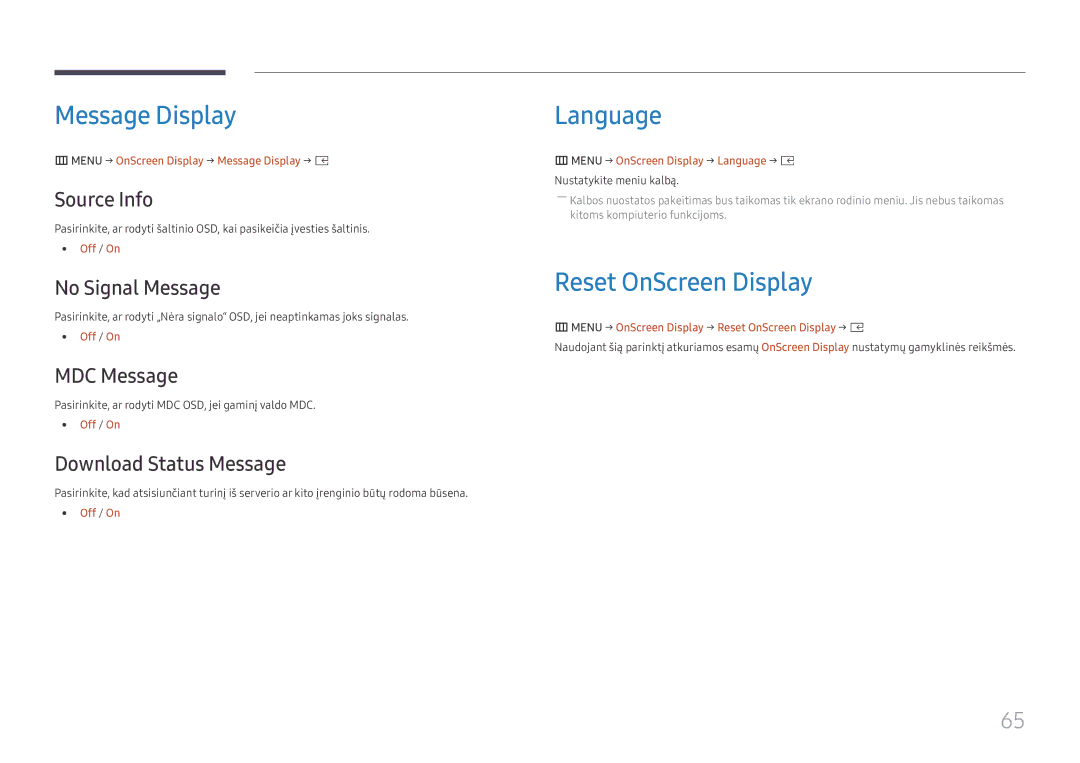 Samsung SBB-SS08FL1/EN manual Message Display, Language, Reset OnScreen Display 