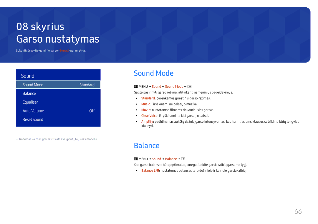 Samsung SBB-SS08FL1/EN manual Garso nustatymas, Menu → Sound → Sound Mode → E, Menu → Sound → Balance → E 