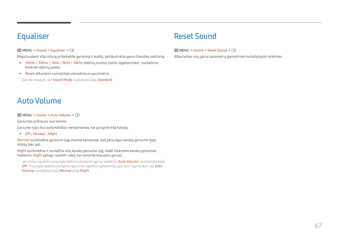 Samsung SBB-SS08FL1/EN Equaliser Reset Sound, Auto Volume, Menu → Sound → Equaliser → E Menu → Sound → Reset Sound → E 