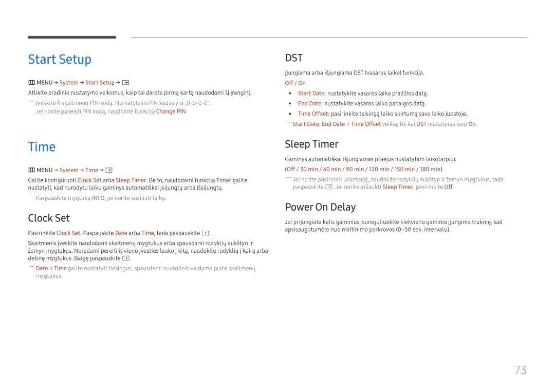 Samsung SBB-SS08FL1/EN manual Start Setup, Clock Set, Sleep Timer, Power On Delay 