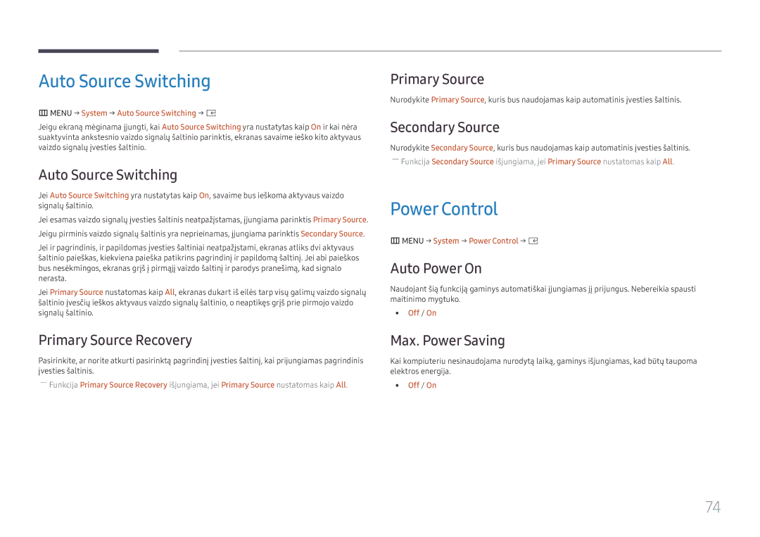 Samsung SBB-SS08FL1/EN manual Auto Source Switching, Power Control 