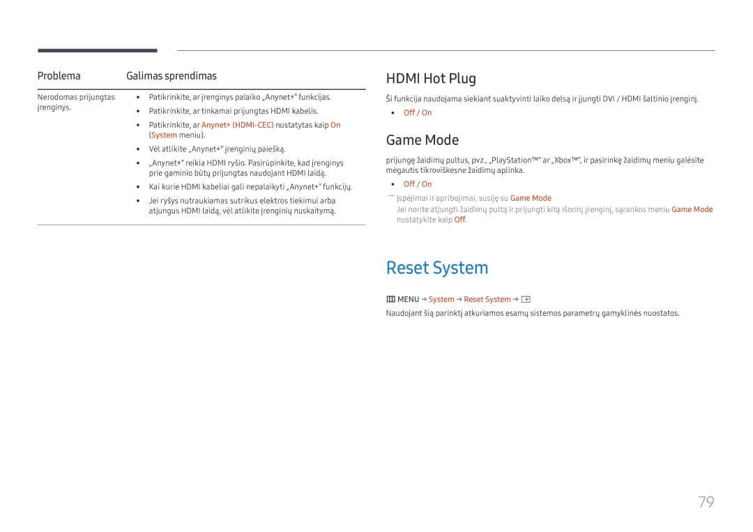 Samsung SBB-SS08FL1/EN manual Hdmi Hot Plug, Game Mode, Problema, Menu → System → Reset System → E 