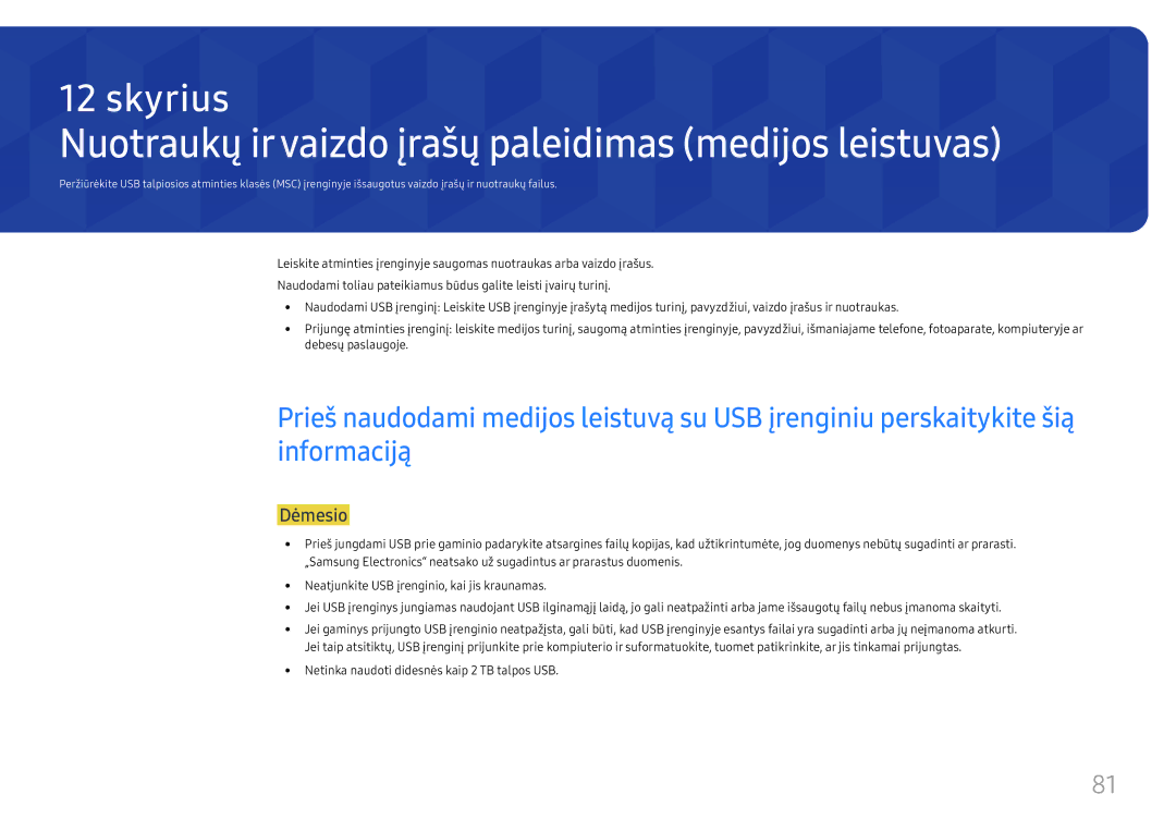 Samsung SBB-SS08FL1/EN manual Nuotraukų irvaizdo įrašų paleidimas medijos leistuvas, Dėmesio 