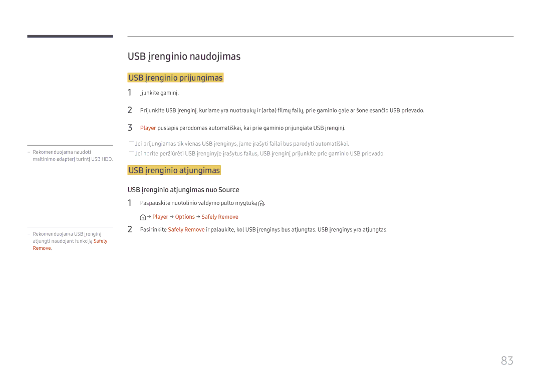 Samsung SBB-SS08FL1/EN manual USB įrenginio naudojimas, USB įrenginio prijungimas, USB įrenginio atjungimas 