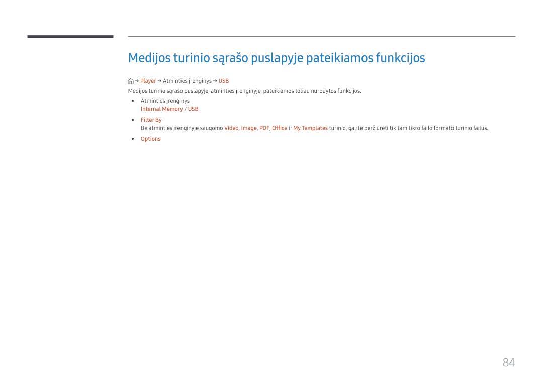Samsung SBB-SS08FL1/EN Medijos turinio sąrašo puslapyje pateikiamos funkcijos, Internal Memory / USB Filter By Options 