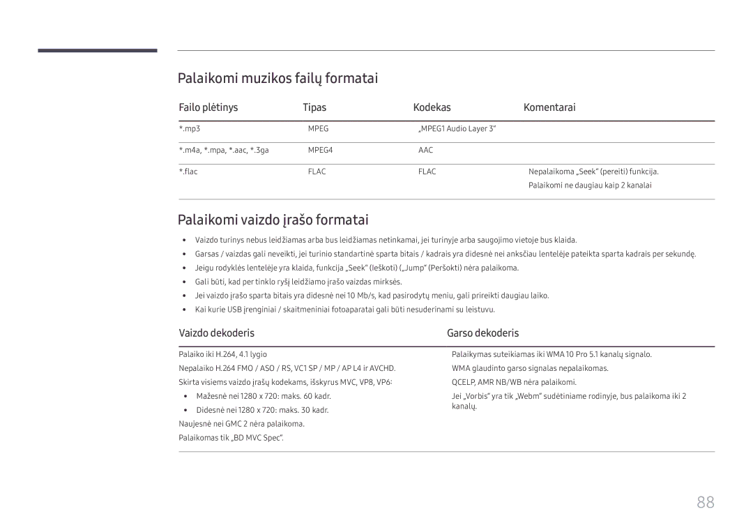 Samsung SBB-SS08FL1/EN manual Palaikomi muzikos failų formatai, Palaikomi vaizdo įrašo formatai, Vaizdo dekoderis 