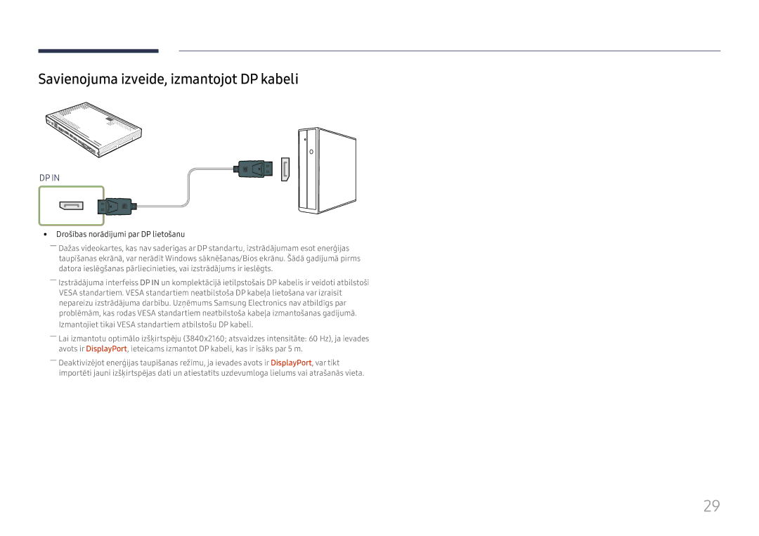 Samsung SBB-SS08FL1/EN manual Savienojuma izveide, izmantojot DP kabeli 