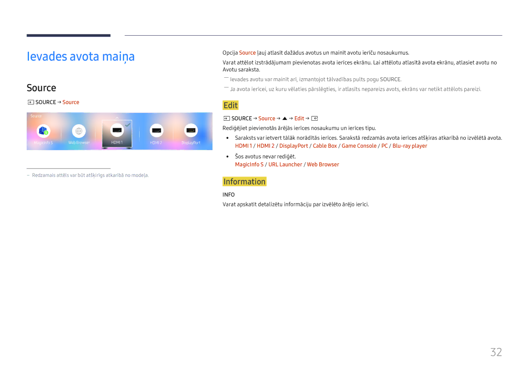 Samsung SBB-SS08FL1/EN manual Ievades avota maiņa, Source, Edit, Information 