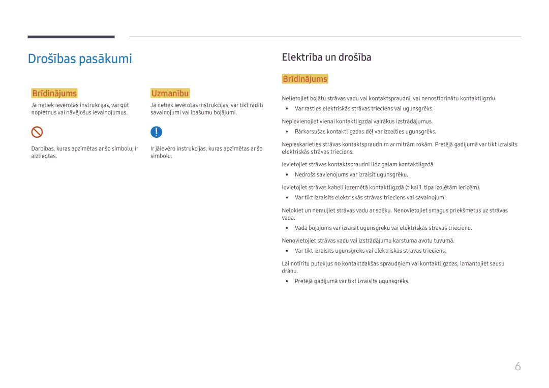 Samsung SBB-SS08FL1/EN manual Drošības pasākumi, Elektrība un drošība 