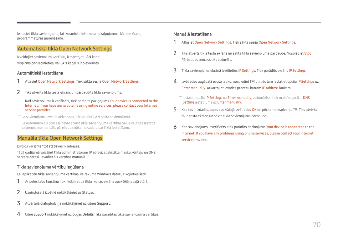 Samsung SBB-SS08FL1/EN manual Automātiskā tīkla Open Network Settings, Manuāla tīkla Open Network Settings 