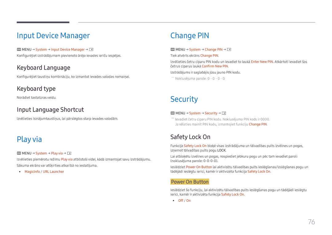 Samsung SBB-SS08FL1/EN manual Input Device Manager, Play via, Change PIN, Security 