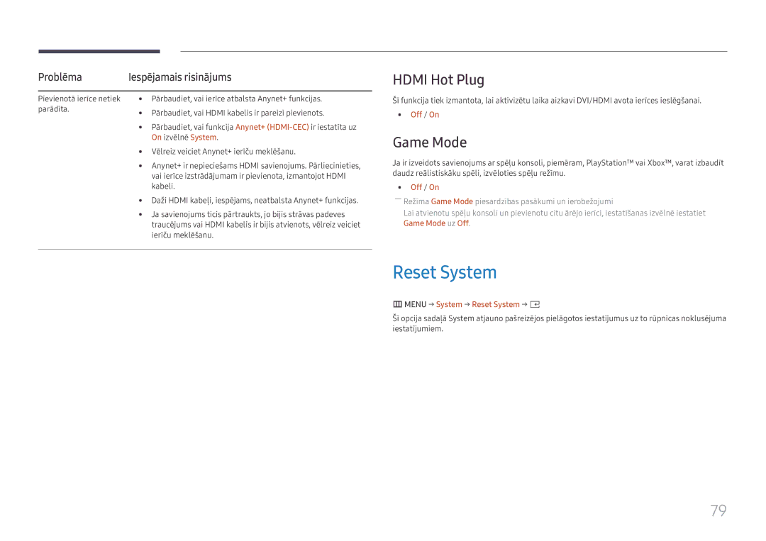 Samsung SBB-SS08FL1/EN manual Hdmi Hot Plug, Game Mode, Problēma, Menu → System → Reset System → E 