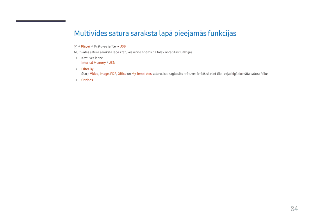 Samsung SBB-SS08FL1/EN manual Multivides satura saraksta lapā pieejamās funkcijas, Internal Memory / USB Filter By Options 